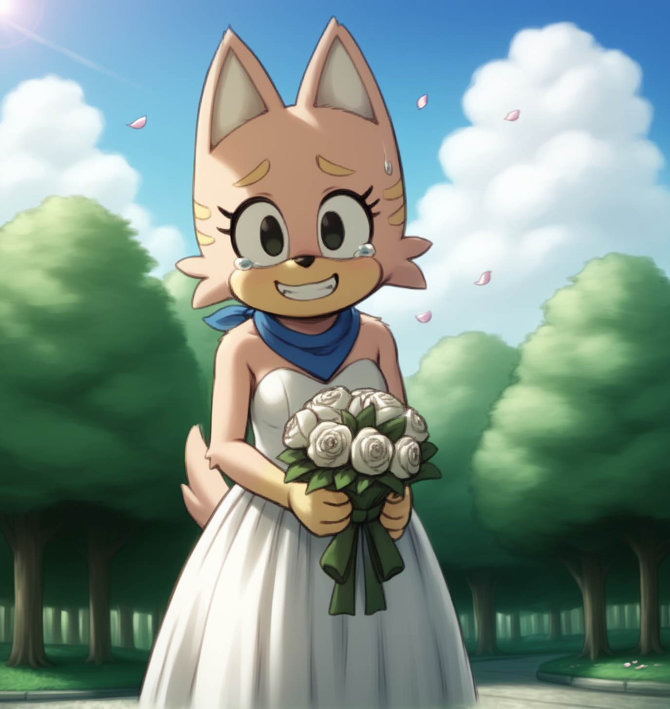 score_9, score_8_up, score_7_up, score_6_up, Detailed Background, BREAK
 <lora:Meowkie_Namco_High_for_PonyXL:0.62>, 1girl, furry, animal ears, black eyes, meowkie, neckerchief, tail, body fur, BREAK
wedding dress, wedding, holding bouquet, smile, cowboy shot, pedals, outdoors, cherry trees, mt. fuji, clouds, gown, tears, happy,