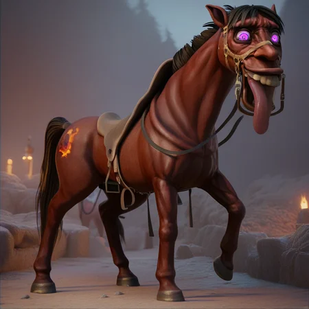 score_9, score_8_up, score_7_up <lora:Friendlyhorse:1> Friendlyhorse. Berserkhorse. horse. tongue. smile. monster. Purple eyes.