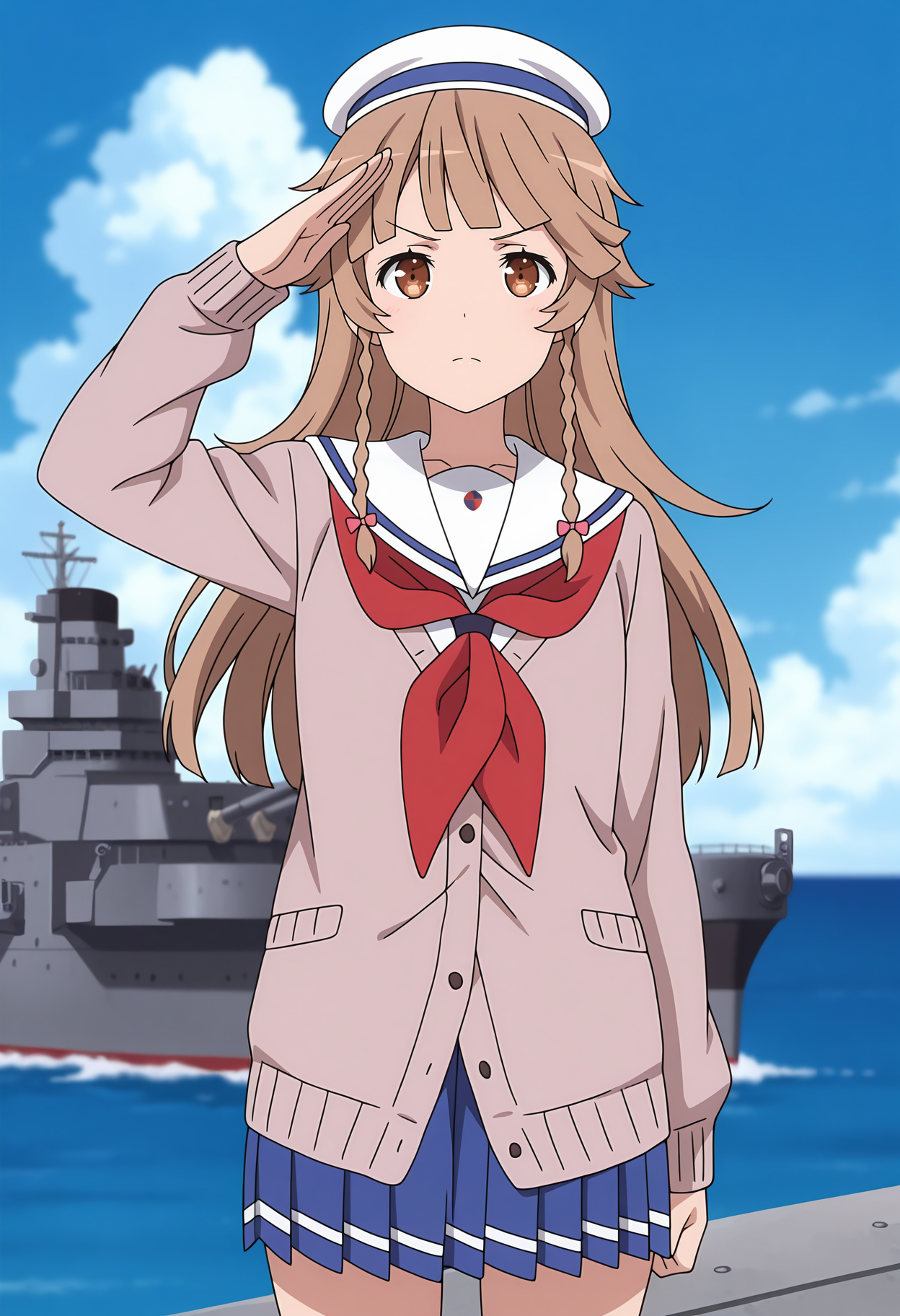 anime screencap, masterpiece, best quality,
<lora:HighSchoolFleet_NosaKouko_IlluXL:0.9>,
1girl, solo, serious,
long hair, blunt bangs, twin braids, brown hair, brown eyes,
beret, white sailor collar, brown cardigan, red neckerchief, pleated skirt, blue skirt,
salute, standing, looking at viewer, cowboy shot,
horizon, dock, outdoors, battleship, warship, blue sky, blurry background