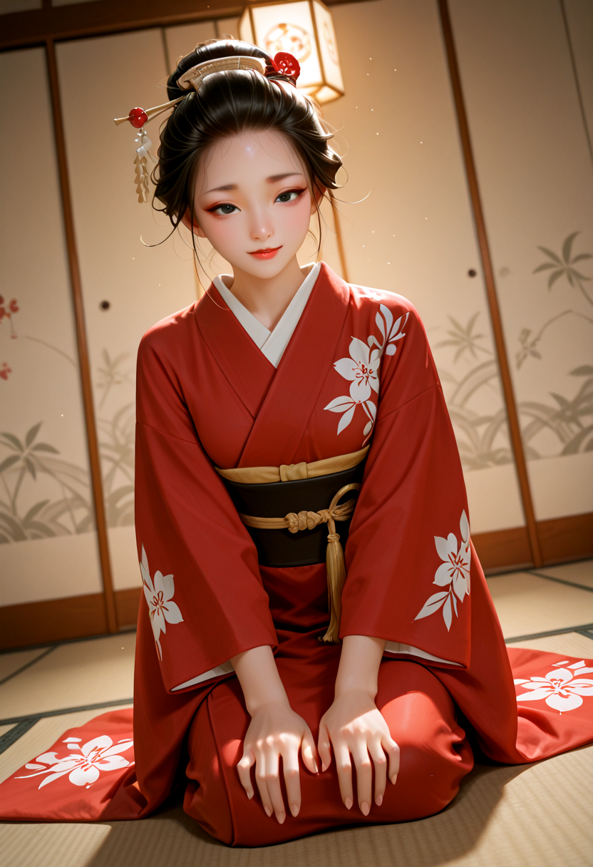 IllusP0s, masterpiece, best quality, amazing quality, very aesthetic, absurdres, newest, ((dynamic angle:1.4)), (detailed eyes),((ultra detailed hair:1.4))
BREAK
1girl,solo, ka0ru-1zud,black eyes, <lora:Kaoru_-_Izu_Dancer_-_AI_Challenge:0.5>, (White skin makeup:0.6), J_hairstyle, (sparkling eyes:0.8), ((nihongami)), ((hair bun:1.4)), ((hair pulled back)),(Sparkle eyes:1.1)
dark obi,((long kimono drags ground)), (((red kimono:1.4))), ((geisha kimono)),(((Long-hemmed kimono:1.4))),Knee-length slits,
Tension, anxiety,
BREAK
1736, Japan, drinking and banquet room, pine-patterned shoji screen, tatami mats, lanterns, large folding screen with cranes, ((dark:0.8)), lantern lighting
seiza, shamisen, face focus, Palms on feet