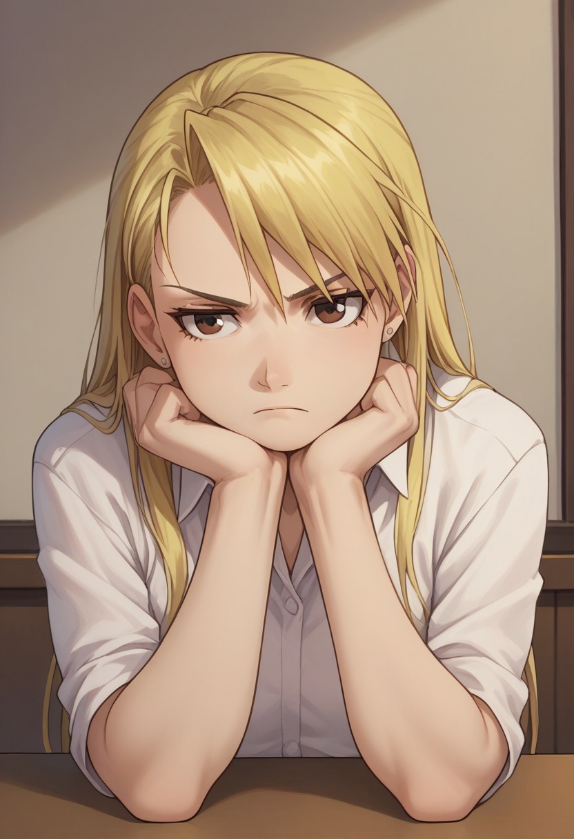 score_9, score_8_up, source_anime, highly detailed, 
riza, 1girl, blonde hair, earrings, jewelry, solo, brown eyes,  long hair, stud earrings, frown, shirt, collared shirt, upper body,
indoor, table, head rest,
