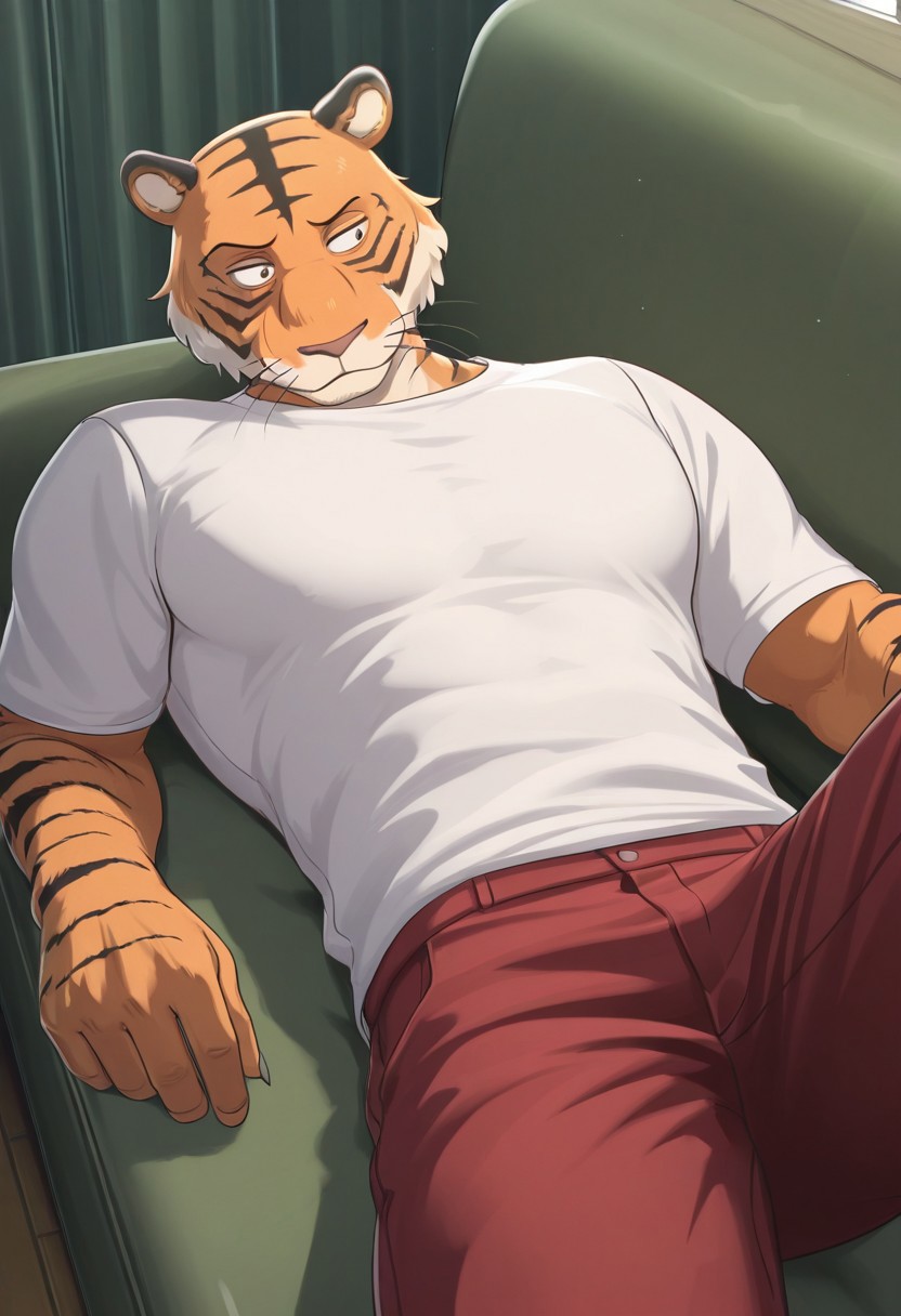 masterpiece, best quality, amazing quality, very aesthetic, absurdres, newest,  high quality, detailed, BillBeastars, 1boy, male, anthro, bengal tiger, broad shoulders, brown eyes, muscular male, athletic build, orange fur, black stripes, white shirt, red pants, dorm room, laying on couch, lounging