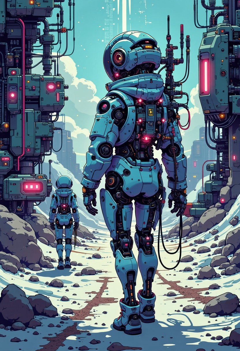 A digital artwork in the style of cknc, Asa Akira, back view, A full length portrait, photorealistic pencil drawing of a Cybergirl Elsa Jean, science fiction, fantasy, 8k, beautiful cyborg robot girl, Skin formed by digital fiber optics, highly detailed, standing with an alien robot and a spaceship, hyper detailed face, soft, dramatic, 2d, cinematic light, pastel color, photorealistic comic art, by boris vallejo, Carne Griffiths and Wadim Kashin, cosmos, vanishing point, super highway, high speed, digital rendering, digital painting, beep, noah bradley, cyril roland, ross tran, trends in artstation, outer space, vanishing point, super highway, high speed, digital rendering, digital painting, beeple, noah bradley, cyril roland, ross tran, trends in artstation, outer space, vanishing point, super highway, high speed, digital rendering, digital painting, beeple, noah bradley, cyril roland, ross tran, art station trends, outer space, vanishing point, super highway, digital render, digital painting, beeple, noah bradley, cyril roland, ross tran, artstation trends