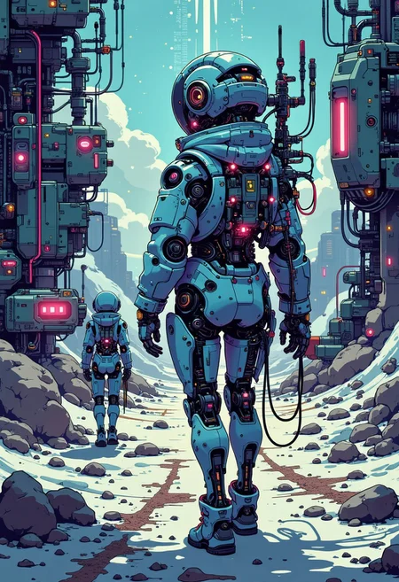A digital artwork in the style of cknc, Asa Akira, back view, A full length portrait, photorealistic pencil drawing of a Cybergirl Elsa Jean, science fiction, fantasy, 8k, beautiful cyborg robot girl, Skin formed by digital fiber optics, highly detailed, standing with an alien robot and a spaceship, hyper detailed face, soft, dramatic, 2d, cinematic light, pastel color, photorealistic comic art, by boris vallejo, Carne Griffiths and Wadim Kashin, cosmos, vanishing point, super highway, high speed, digital rendering, digital painting, beep, noah bradley, cyril roland, ross tran, trends in artstation, outer space, vanishing point, super highway, high speed, digital rendering, digital painting, beeple, noah bradley, cyril roland, ross tran, trends in artstation, outer space, vanishing point, super highway, high speed, digital rendering, digital painting, beeple, noah bradley, cyril roland, ross tran, art station trends, outer space, vanishing point, super highway, digital render, digital painting, beeple, noah bradley, cyril roland, ross tran, artstation trends