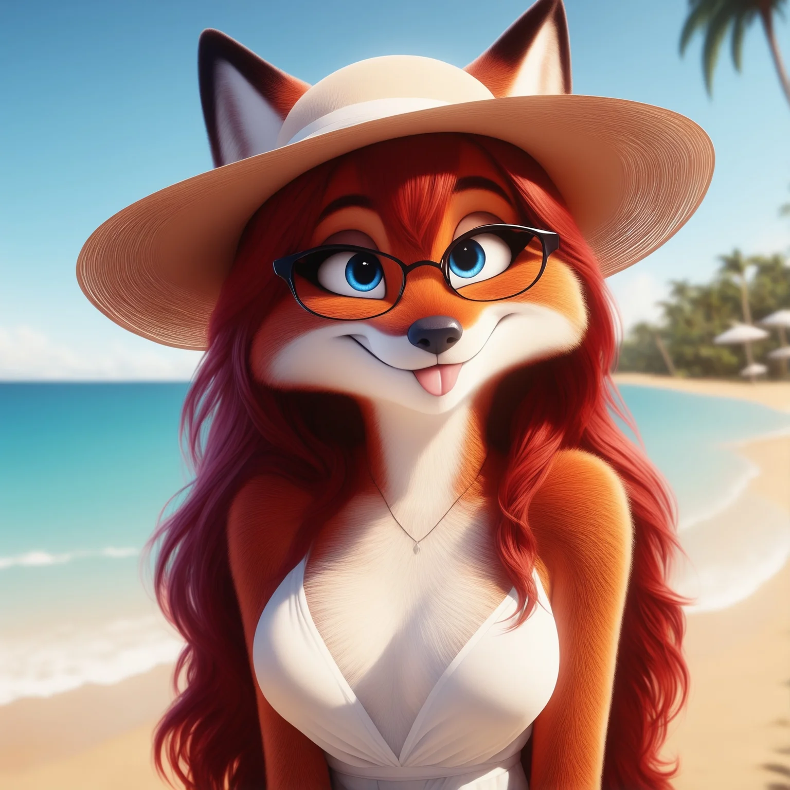 3d, best quality, high quality, detailed fur, anthro, female, red fox, red hair, long hair, tongue, blep, sunhat, solo, smile, white dress, beach, palm trees, blue eyes, glasses <lora:b3d-v2-noob-vpred10:1>