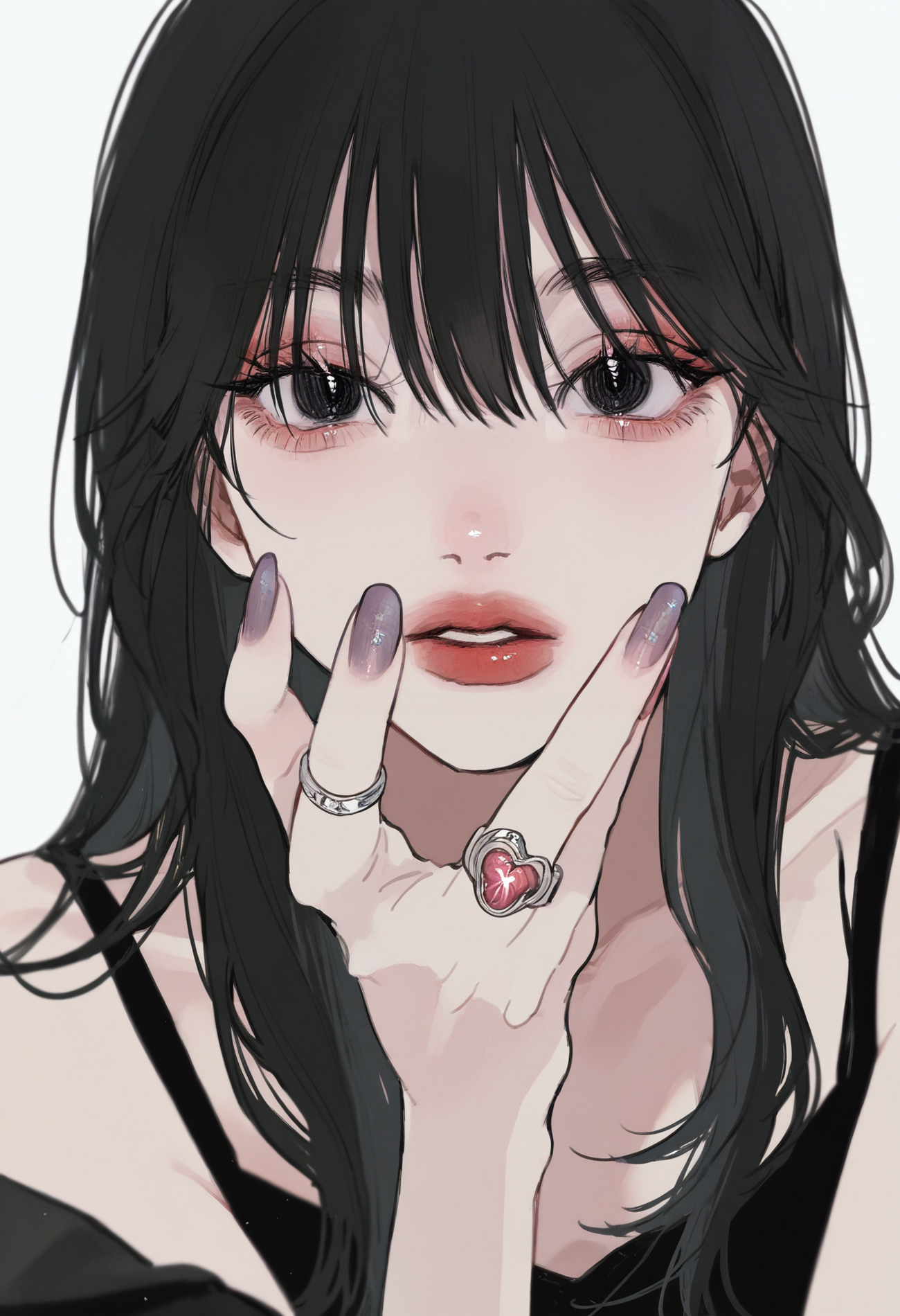 masterpiece, best quality, amazing quality, absurdres, newest, very awa, 
1girl, solo, black hair, black eyes, nail polish, ring, hair between eyes, long hair, long eyelashes, bare shoulders, lipstick, face focus, hand on own chin, parted lips, black shirt, looking at viewer, simple background, white background,
<lora:tami_moon:1>
<lora:spo_sdxl_10ep_4k-data_lora_webui:0.75>,