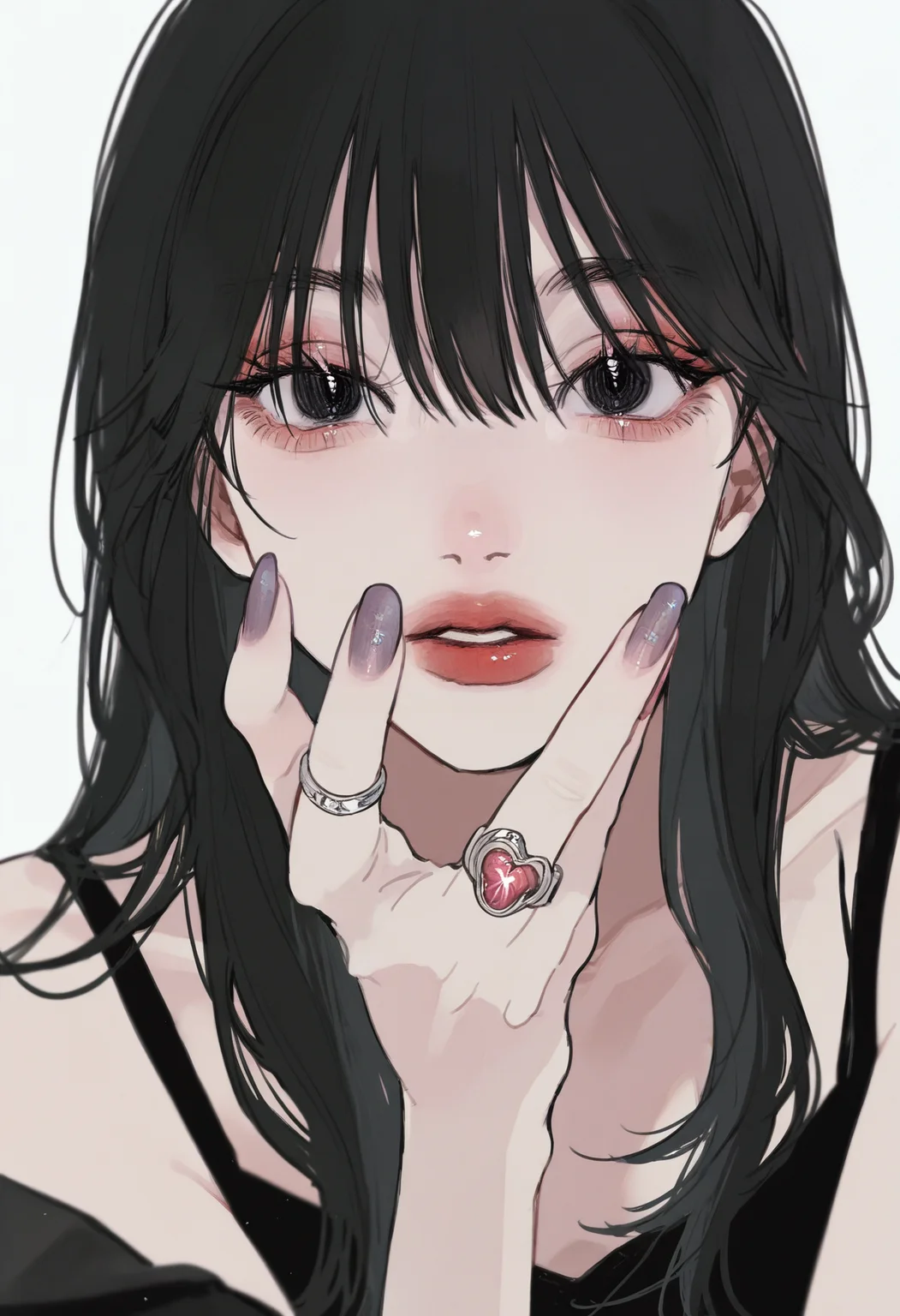 masterpiece, best quality, amazing quality, absurdres, newest, very awa,
1girl, solo, black hair, black eyes, nail polish, ring, hair between eyes, long hair, long eyelashes, bare shoulders, lipstick, face focus, hand on own chin, parted lips, black shirt, looking at viewer, simple background, white background,
<lora:tami_moon:1>
<lora:spo_sdxl_10ep_4k-data_lora_webui:0.75>,