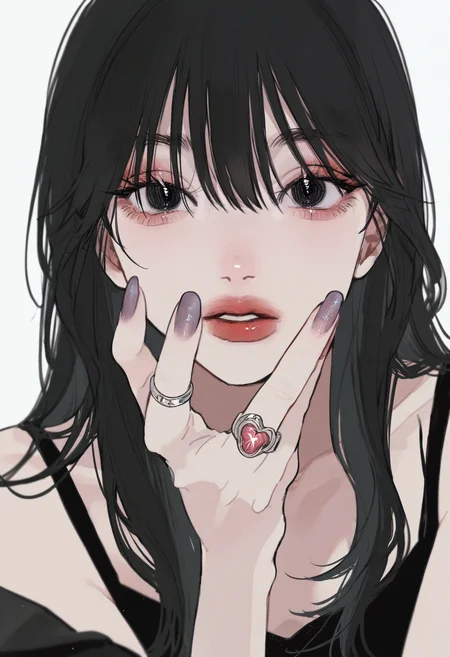 masterpiece, best quality, amazing quality, absurdres, newest, very awa,
1girl, solo, black hair, black eyes, nail polish, ring, hair between eyes, long hair, long eyelashes, bare shoulders, lipstick, face focus, hand on own chin, parted lips, black shirt, looking at viewer, simple background, white background,
<lora:tami_moon:1>
<lora:spo_sdxl_10ep_4k-data_lora_webui:0.75>,