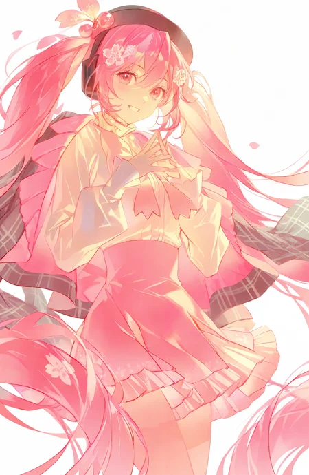 hatsune_miku, sakura_miku, 1girl, solo, long_hair, looking_at_viewer, smile, shirt, skirt, long_sleeves, hair_ornament, white_background, hat, bow, hair_between_eyes, very_long_hair, twintails, jacket, white_shirt, pink_hair, flower, cowboy_shot, frills, bowtie, pink_eyes, black_headwear, plaid, own_hands_together, cherry_blossoms, pink_skirt, jacket_on_shoulders, food-themed_hair_ornament, pink_theme, plaid_jacket, cherry_hair_ornament, bowler_hat