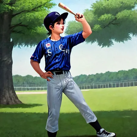 ,smooth top of head,boy,solo,hands on hip, <lora:bulge:1.2>,holding bat in hand
,exercising in the park,so cute ,so sweet,realistic painting,clm, baseball uniform,