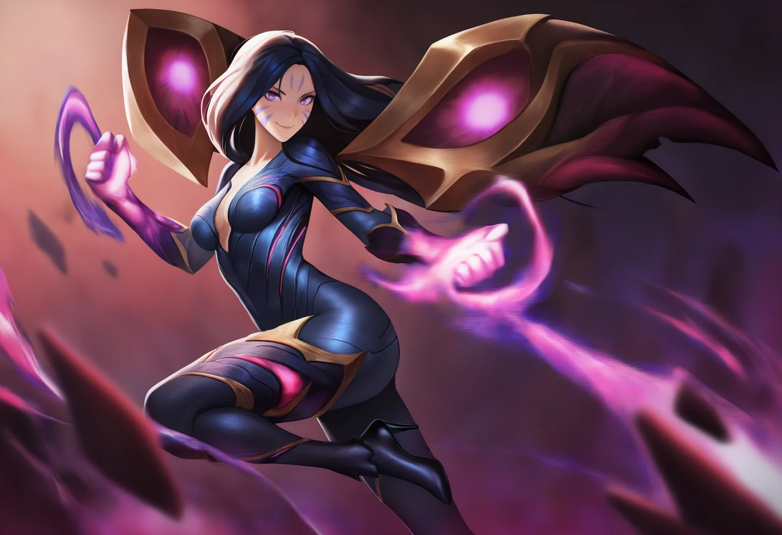 masterpiece, best quality, very aesthetic, absurdres,
1girl, kaisa, black hair, long hair, purple eyes, facial mark, bodysuit, wings, high heels,
action pose, smile, standing, full body, looking at viewer, solo, cowboy shot, otherworld, flesh wall, darkness corruption, darkness background <lora:KaisaIllustriousXL_byKonan:1>