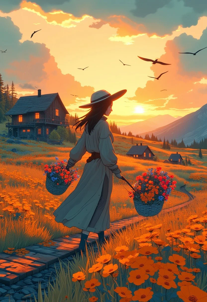 A woman with a basket full of vibrant, hand-picked flowers walks through a field of swaying grass and blossoms. The late afternoon sun bathes the scene in a soft orange glow, but she is lit by a radiant beam of golden light breaking through the fluffy clouds above. Behind her, scattered wooden houses with curling chimney smoke sit snugly in the hills, and a flock of birds cuts across the sky, their wings catching the sunlight.