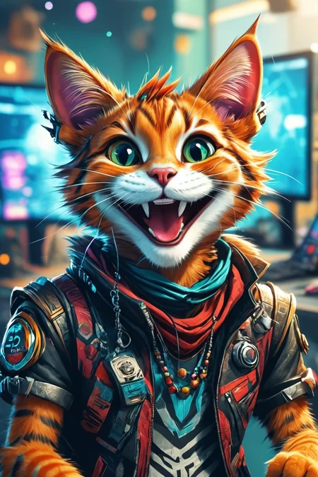 Detailed digital illustration of an anthro Cat (Laughing openly, genuine happiness) at a Cyberspace hub with virtual reality interfaces, <lora:xl_more_art-full_v1:0.5>, <lora:anthro_muscular:0.7>, <lora:MJ52:0.6>, <lora:madpunk:0.4> madpunk