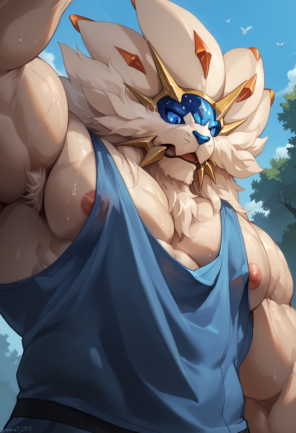zPDXL3, score_9_up, score_8_up, score_7_up, (detailed face, detailed body, detailed background, perfect hands, perfect anatomy, masterpiece, high quality, best quality), rating_questionable, source_furry BREAK solo, outside, solgaleo, pokemon (creature), black and white body, blue eyes, anthro, muscular, sweaty, big pecs, mns-pose, looking down, from below, upper body, close-up, nipples, nipple slip, large pectorals, pectoral focus, sidepec, tank top <lora:detailed_notrigger:1>  <lora:Solgaleo_Pokemon_V1:0.8> <lora:yur oc like this (meme) Concept v1.1 LoRA_Pony XL v6:0.8>