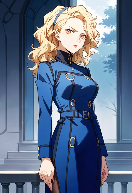(score_9, score_8_up, source_anime, masterwork, masterpiece, best quality, hyper-detailed :1.1),
1 girl, solo,
p4margaret, yellow eyes, blonde hair, wavy hair, headband, lipstick, makeup,
p4margaret_velvet, dress, long dress, pencil dress, blue dress, long sleeves, pantyhose, black pantyhose,
looking at viewer, annoyed, side view,