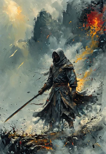 Black templar knight, for honour, victorious, Black on both sides, <lora:Lost_In_Dreams:0.6>, <lora:RMSDXL_Creative:0.8>, Volumetric lighting, <lora:Dreamyvibes artstyle SDXL - Trigger with dreamyvibes artstyle:0.7> Dreamyvibes Artstyle, on one knee, kneeling, leaning on sword, sword planted in ground, no helmet, handsome, grizzly, masculine, facial hair, short grey hair, intense, dramatic, masterpiece, best quality, painterly, cinematic,