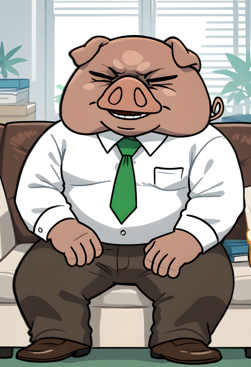 score_9, score_8_up, score_8,
solo,   <lora:Director_Ton_Aggrestuko_for_PonyXL:0.8> 1boy, pig, t0n, furry, white shirt, necktie, pants, sitting on couch, living room, window,