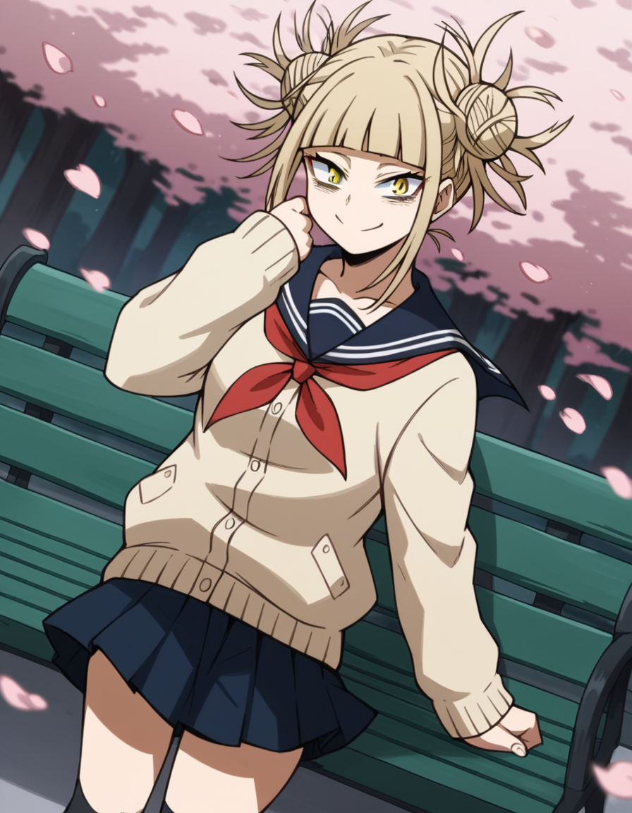 score_9, score_8_up, score_7_up, source_anime, <lora:himiko-toga-s5-ponyxl-lora-nochekaiser:1>, himiko toga, bangs, blonde hair, yellow eyes, blunt bangs, hair bun, double bun, messy hair,, skirt, long sleeves, school uniform, pleated skirt, shoes, serafuku, socks, sailor collar, blue skirt, neckerchief, kneehighs, brown footwear, cardigan, black socks, loafers, red neckerchief, yellow cardigan,, park, cherry blossoms, bench, gentle breeze, peaceful, smile, looking at viewer, solo,, cowboy shot, dutch angle