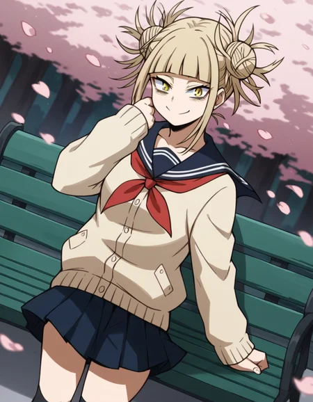score_9, score_8_up, score_7_up, source_anime, <lora:himiko-toga-s5-ponyxl-lora-nochekaiser:1>, himiko toga, bangs, blonde hair, yellow eyes, blunt bangs, hair bun, double bun, messy hair,, skirt, long sleeves, school uniform, pleated skirt, shoes, serafuku, socks, sailor collar, blue skirt, neckerchief, kneehighs, brown footwear, cardigan, black socks, loafers, red neckerchief, yellow cardigan,, park, cherry blossoms, bench, gentle breeze, peaceful, smile, looking at viewer, solo,, cowboy shot, dutch angle