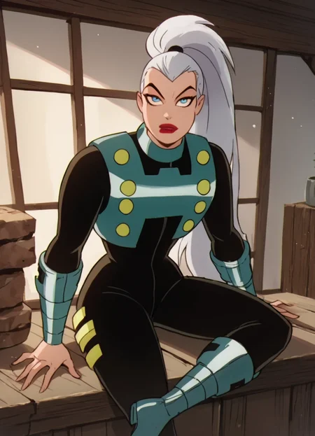 <lora:MalaPony1.00:1>mala, 1girl, solo, black bodysuit, lipstick, blue eyes, bracer,ponytail, white hair,boots, score_9, score_8_up, score_7_up, score_6_up, score_5_up, score_4_up, looking at viewer, indoors,