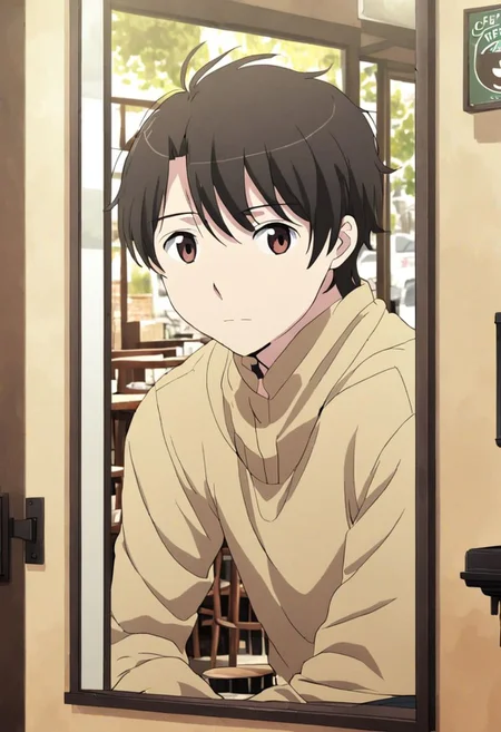 high resolution, solo, best quality, 1Boy, Inaho Kaizuka, Black Hair, Brown Eyes, cafe, corner, sit, casual, coffee, waiting, wide mirror, outside view, OverallDetail
