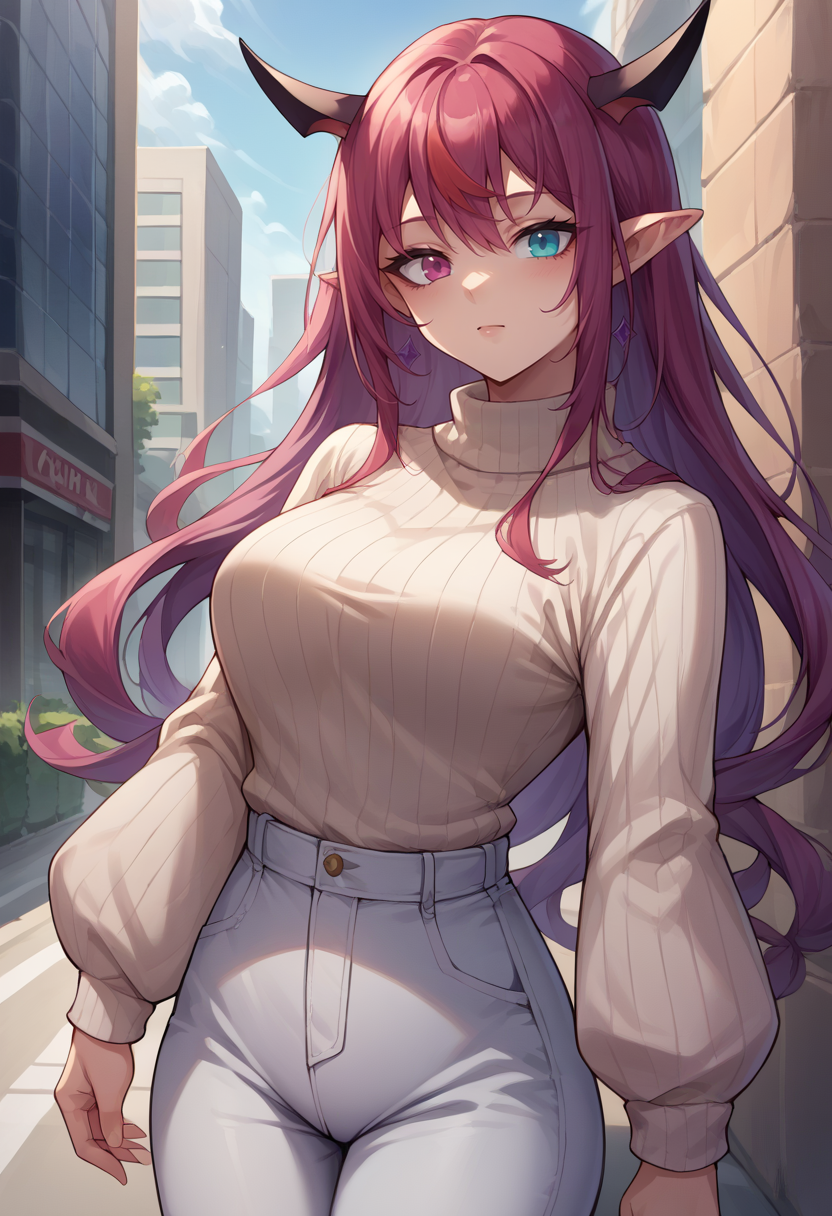 score_9, score_8_up, source_anime, 1girl, solo, IrysHolo, horns, heterochromia, purple eye, blue eye, long hair, sweater, ribbed sweater, long sleeves, high-waist pants, outdoors, city, <lora:CHAR-IrysPonyXL:1>