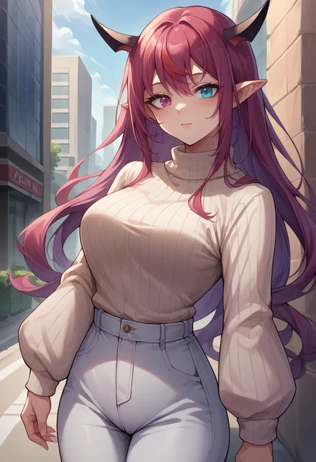 score_9, score_8_up, source_anime, 1girl, solo, IrysHolo, horns, heterochromia, purple eye, blue eye, long hair, sweater, ribbed sweater, long sleeves, high-waist pants, outdoors, city, <lora:CHAR-IrysPonyXL:1>