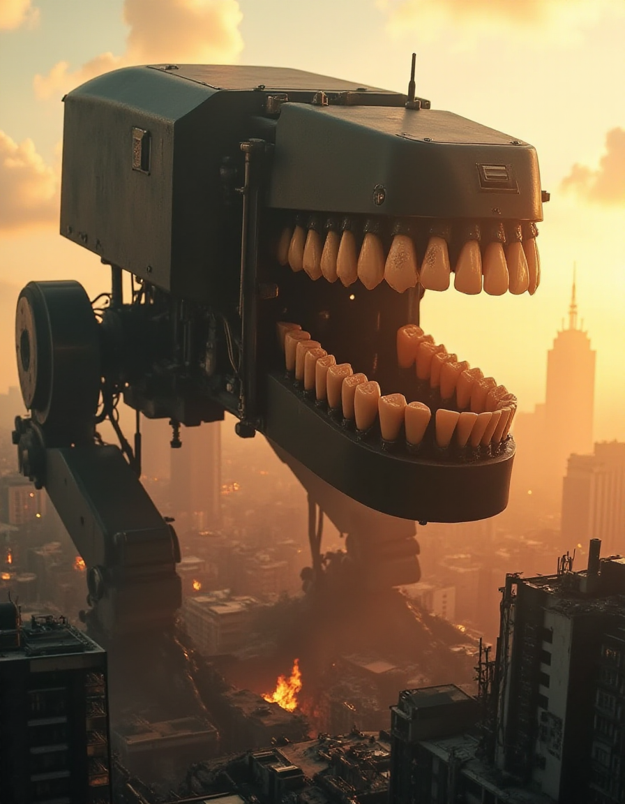 A towering robot, as immense as a skyscraper, strides through the ruins of a sprawling city, its matte black surface absorbing the fiery orange glow of a setting sun. The massive ral-rbotth in its open jaw are grotesquely detailed, each one the size of a bus, complete with uneven enamel ridges and faint yellowish stains. The sheer scale of the teeth, coupled with their horrifyingly lifelike appearance, makes them an uncanny centerpiece of its gargantuan form. Its shadow swallows entire neighborhoods as its mouth opens, the teeth reflecting flames from distant fires in a way that feels almost alive.
 <lora:ral-rbotth-flux_000003000:1>