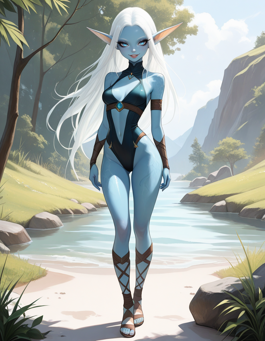 masterpiece, best quality, very aesthetic, absurdres,
outdoors, 
full body, standing, 
seductive smile, parted lips, long eyelashes,
 <lora:Kiki_v01_NAIXL:1>,Kikimb,1girl,solo,elf,long hair,white hair,long pointy ears,blue eyes,colored skin,blue skin,