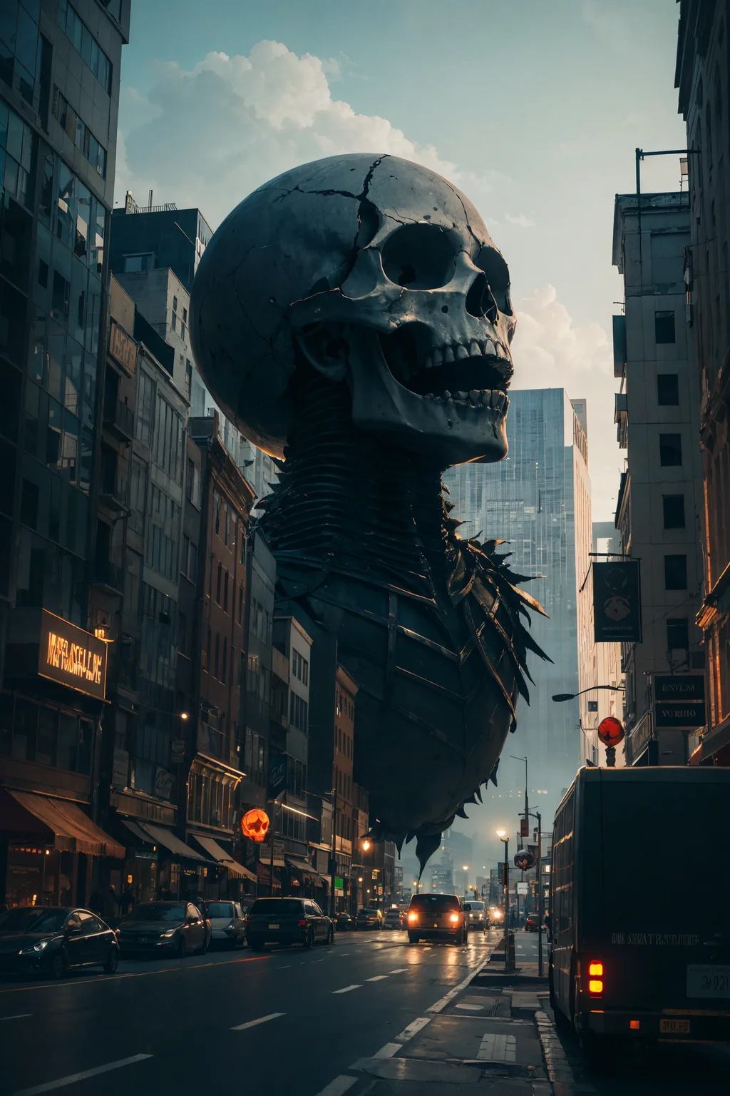 best quality, masterpiece, giant skull floating through a city, dark, grim, desaturated