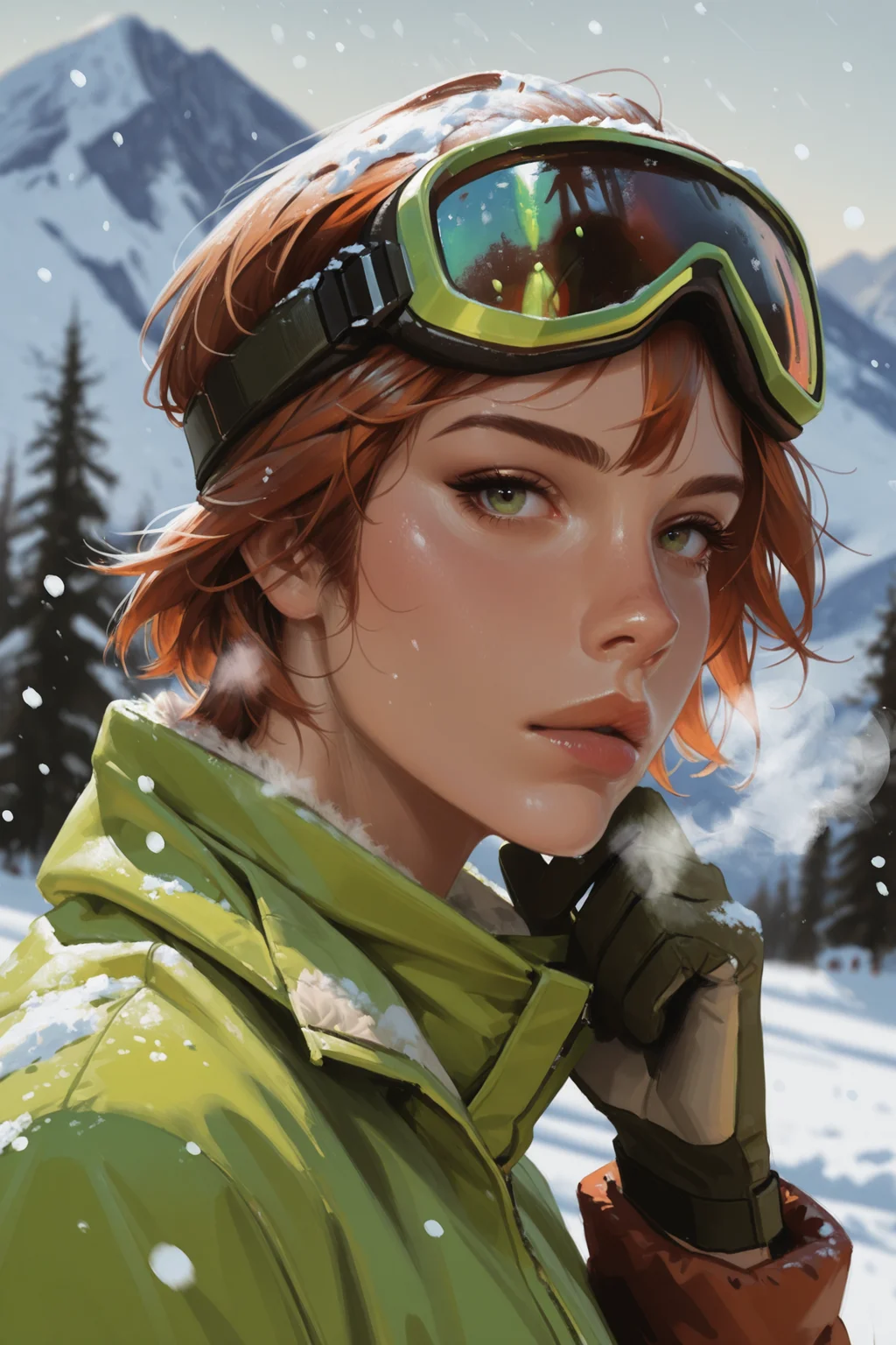 1girl, solo,, , goggles, snow, short hair, lips, ski goggles, mountain, tree, portrait, neon green jacket, winter, snowing, , nose, from side, jacket, outdoors, breath, flush, auburn hair, looking at viewer, hand up, masterwork, masterpiece, best quality, detailed, depth of field, , high detail, best quality, very aesthetic, 8k, dynamic pose, depth of field, dynamic angle, adult, aged up