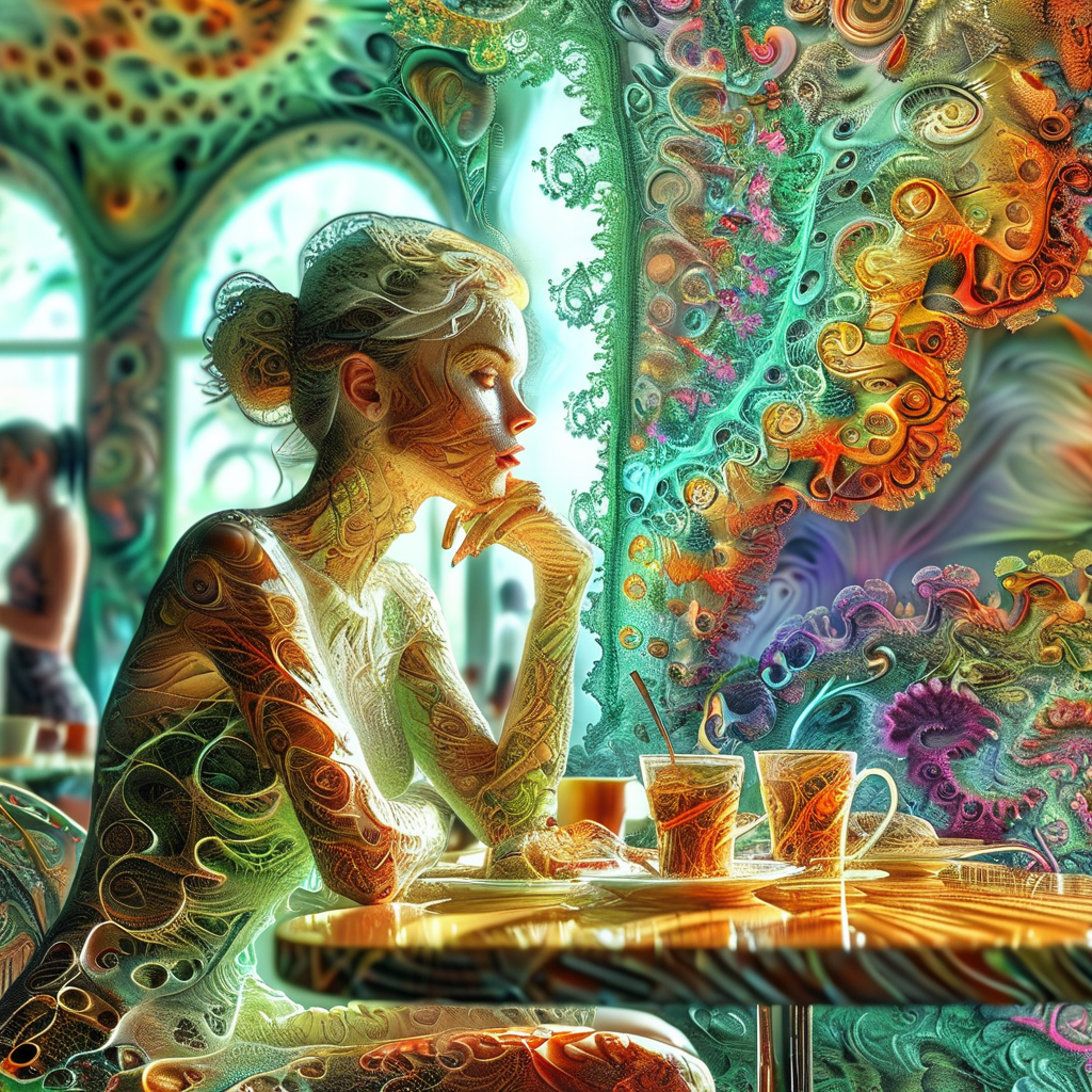 fractalex  beautiful girl in a cafe, people at tables in the background<lora:fractalex:1>