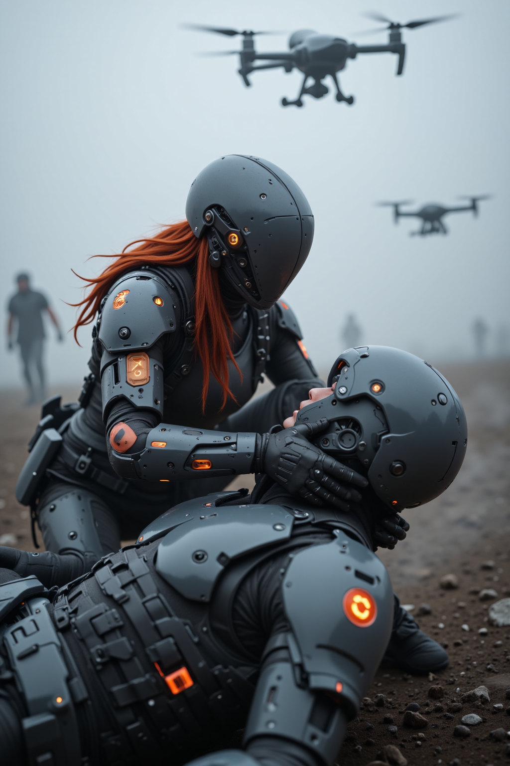 Cyber-medic kneeling in smoke, stabilizing a soldier with nanotech injections, armor in matte glacier gray and burnt orange, medical glyphs faintly glowing on shoulder pads, faceless helmet with curved silhouette and glowing diagnostic grid, long red hair flowing downward as she works, background foggy with med-drone silhouettes — photoreal, heavy emotion, battlefield realism




ftlas-mk.1