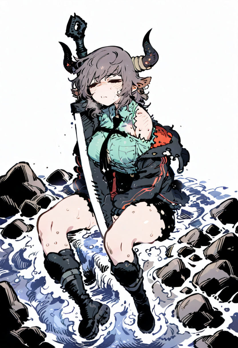 masterpiece, best quality,<lora:SSAMBAteaXL_ANI31_lokr_V53P1:0.95>  1girl, horns, weapon, shirt, sword, necktie, solo, jacket, closed eyes, animal ears, sitting, black necktie, white background, black jacket, black footwear, water, boots, simple background, collared shirt, off shoulder, breasts, skirt, torn clothes, rock, black skirt, full body, short hair, sweat, wet, blush, open jacket