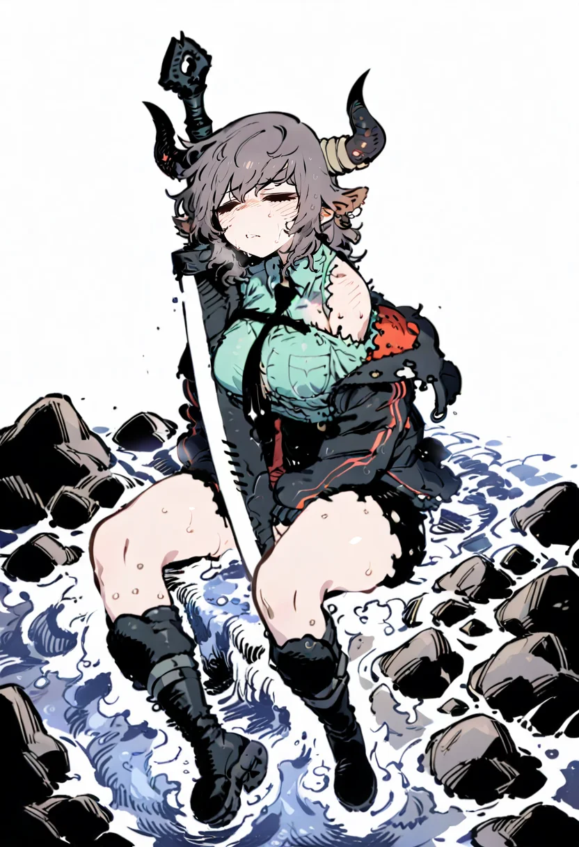 masterpiece, best quality,<lora:SSAMBAteaXL_ANI31_lokr_V53P1:0.95> 1girl, horns, weapon, shirt, sword, necktie, solo, jacket, closed eyes, animal ears, sitting, black necktie, white background, black jacket, black footwear, water, boots, simple background, collared shirt, off shoulder, breasts, skirt, torn clothes, rock, black skirt, full body, short hair, sweat, wet, blush, open jacket