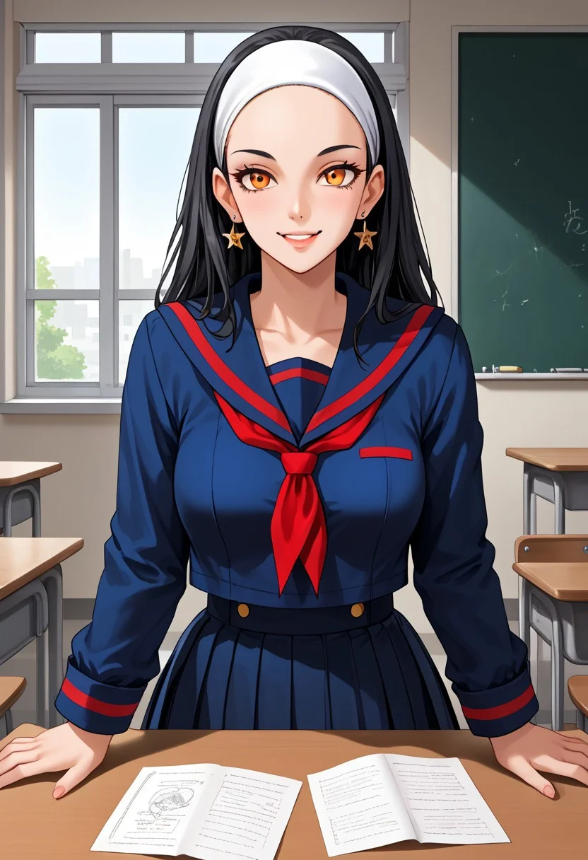 score_9,score_8_up,score_7_up,source_anime,5_figner,2d_animation,game cg,BREAK,1girl,solo,
MT heroine,black hair,earrings,lips,orange eyes,hairband,long sleeves,navy blue school uniform,pleated skirt,navy blue serafuku,
sailor collar,red neckerchief,cosplay,
medium breasts,front view,upper body,looking at viewer,smile,
school,class room,desk,chair,blackboard,window,
masterpiece,best qualit,ultra-detailed,illustration,an extremely delicate and beautiful,beautiful detailed eyes,unity 8k wallpaper,high resolution,anime CG,official_art,