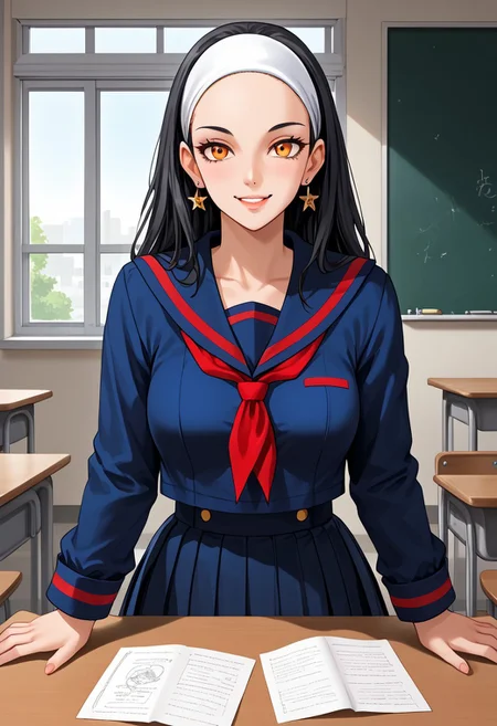 score_9,score_8_up,score_7_up,source_anime,5_figner,2d_animation,game cg,BREAK,1girl,solo,
MT heroine,black hair,earrings,lips,orange eyes,hairband,long sleeves,navy blue school uniform,pleated skirt,navy blue serafuku,
sailor collar,red neckerchief,cosplay,
medium breasts,front view,upper body,looking at viewer,smile,
school,class room,desk,chair,blackboard,window,
masterpiece,best qualit,ultra-detailed,illustration,an extremely delicate and beautiful,beautiful detailed eyes,unity 8k wallpaper,high resolution,anime CG,official_art,