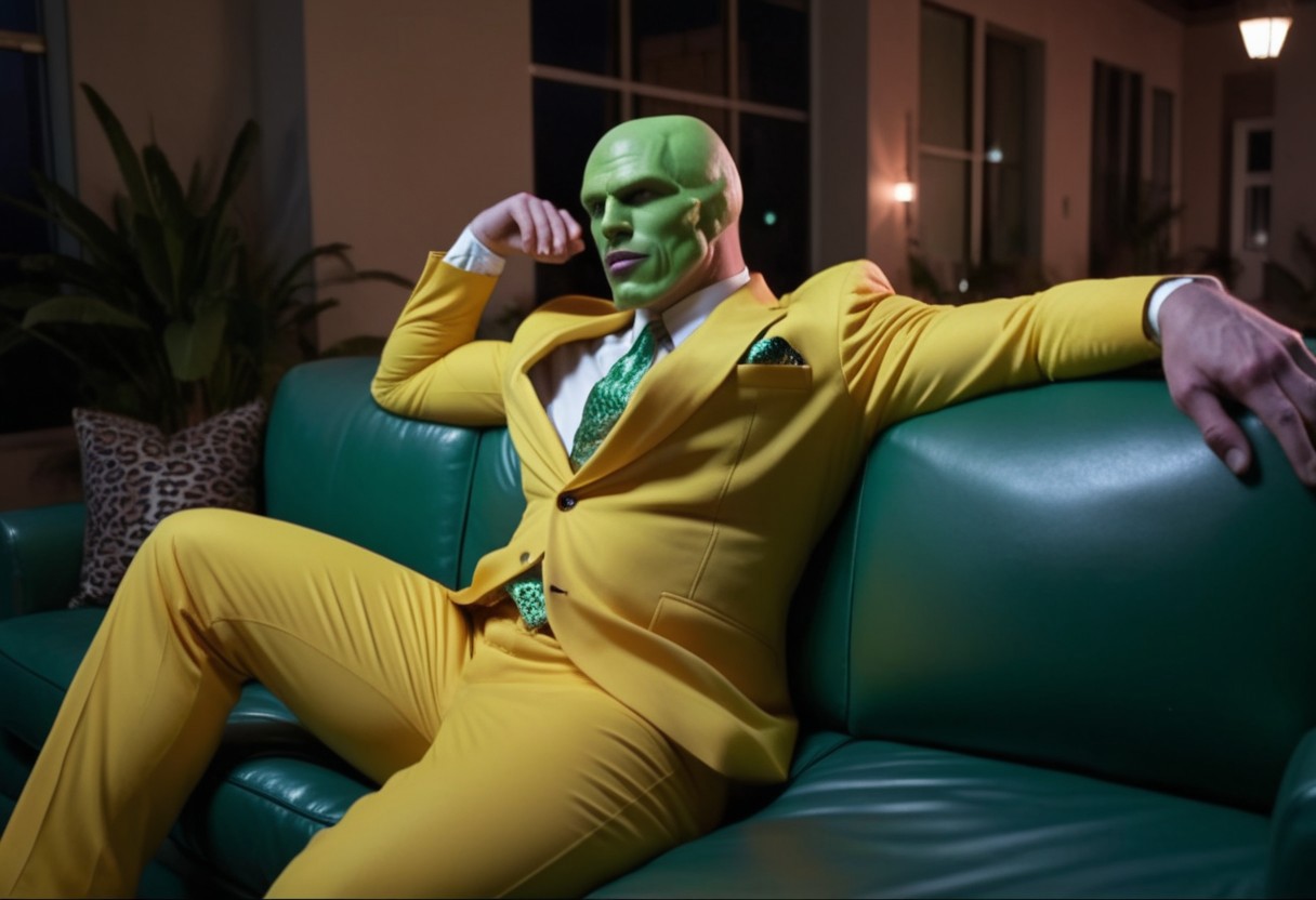 An extremely muscular massive hot sexy man with a green head and a beautiful sexy green model face wearing a yellow suit lying on a couch at night