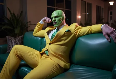 An extremely muscular massive hot sexy man with a green head and a beautiful sexy green model face wearing a yellow suit lying on a couch at night