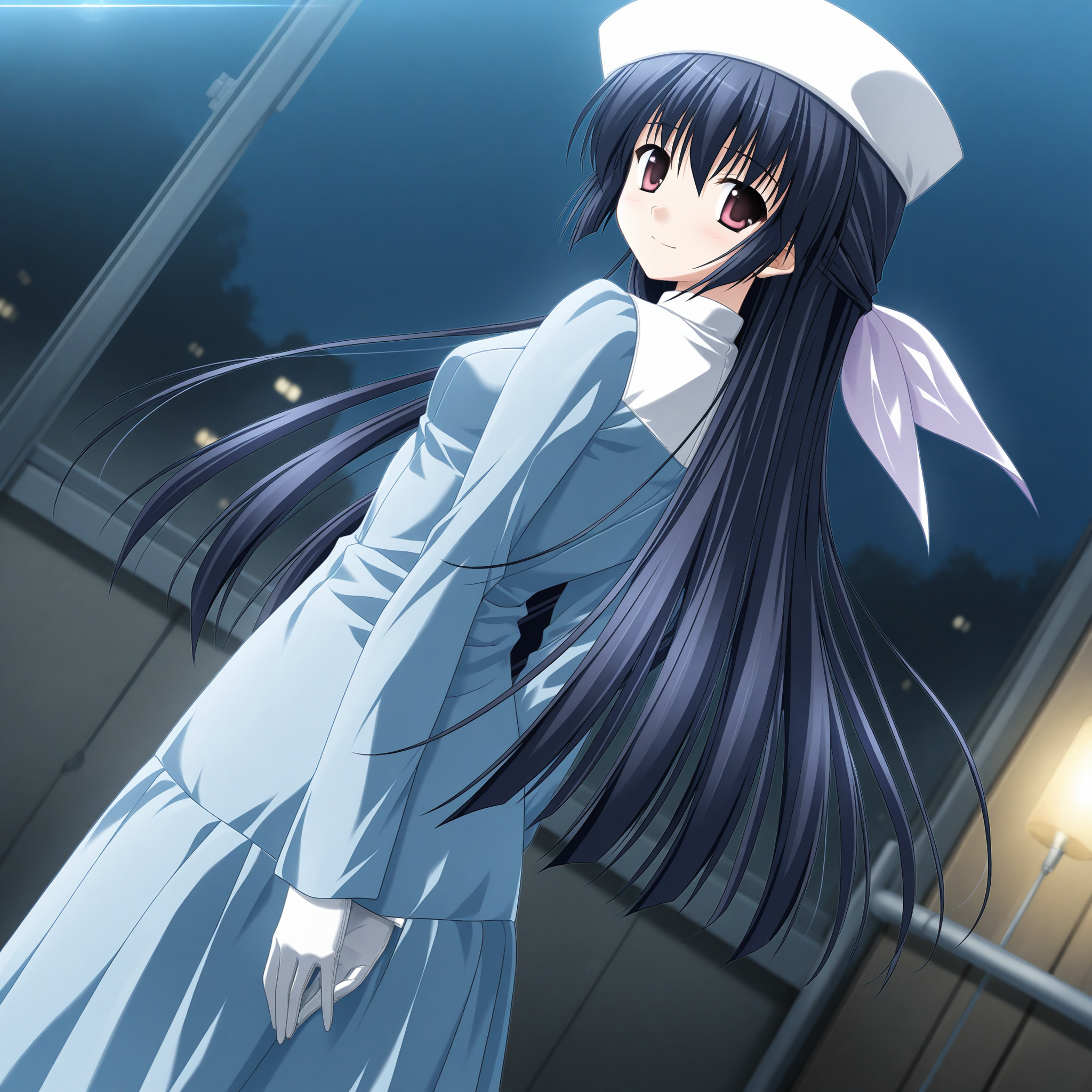 <lora:Amamiya_Yuuko_1_nai-000038:1>,Amamiya Yuuko,hair ribbon,white ribbon,
nurse cap,white hat,nurse,blue dress,white gloves,long sleeves,
1girl,solo,smile,looking at viewer,looking back,from behind,arms behind back,standing,dutch angle,night,standing,depth of field,lens_flare,
