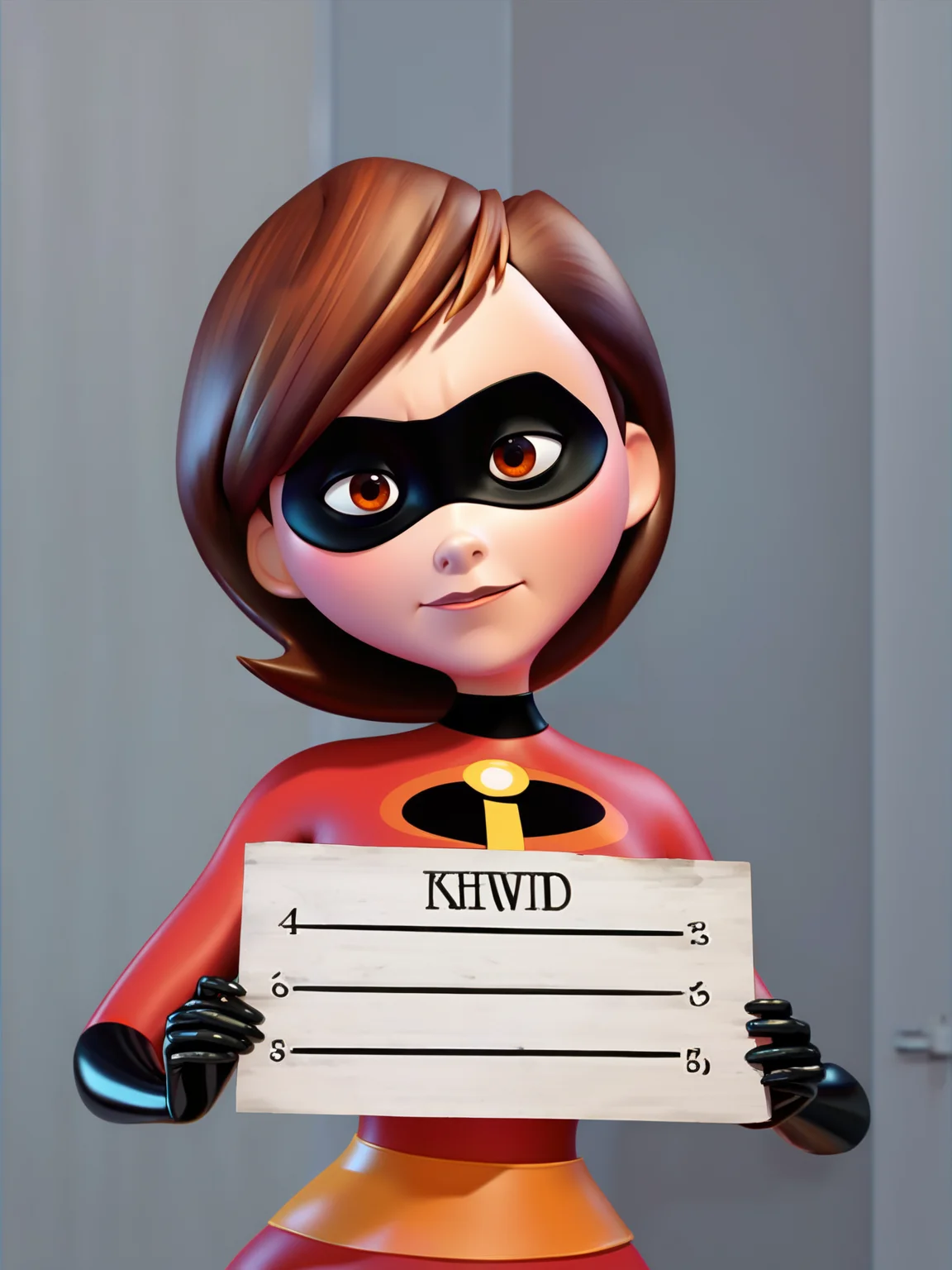 score_9, score_8_up, score_7_up, score_6_up, score_5_up, score_4_up, BREAK, source_anime, 1girl, helenparr, brown eyes, domino mask, bodysuit, mugshot, holding sign, looking at viewer <lora:HelenParrXL:0.8>