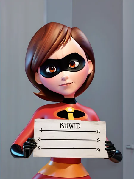 score_9, score_8_up, score_7_up, score_6_up, score_5_up, score_4_up, BREAK, source_anime, 1girl, helenparr, brown eyes, domino mask, bodysuit, mugshot, holding sign, looking at viewer <lora:HelenParrXL:0.8>
