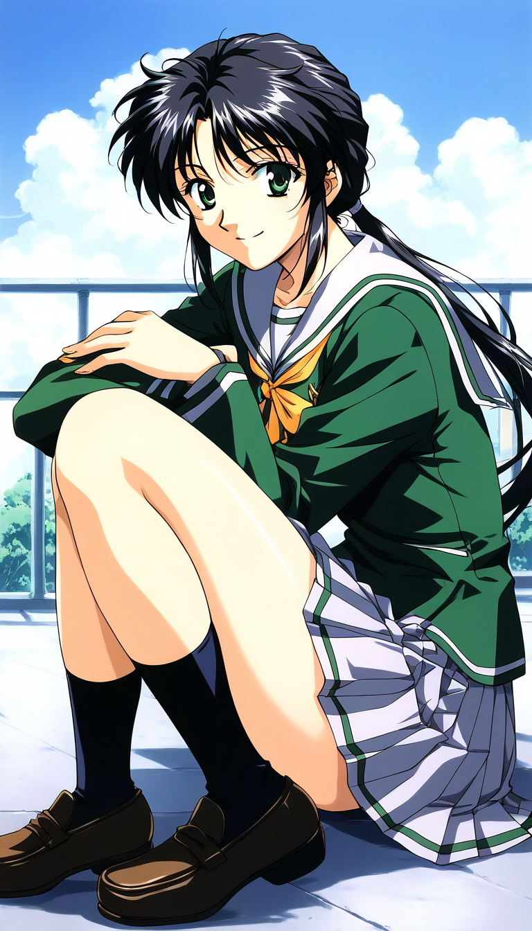 score_9, score_8_up, score_7_up, source_anime, rating_explicit, BREAK <lora:Tachibana_Yumi_XL:1> Tachibana_Yumi, black hair, long hair, green eyes, low ponytail, bangs, sidelocks, 1990s (style), 
1girl, school uniform, solo, skirt, shoes, green shirt, socks, pleated skirt, 
loafers,  long sleeves, sitting, smile, serafuku,  full body, legs
day, sky, outdoor,