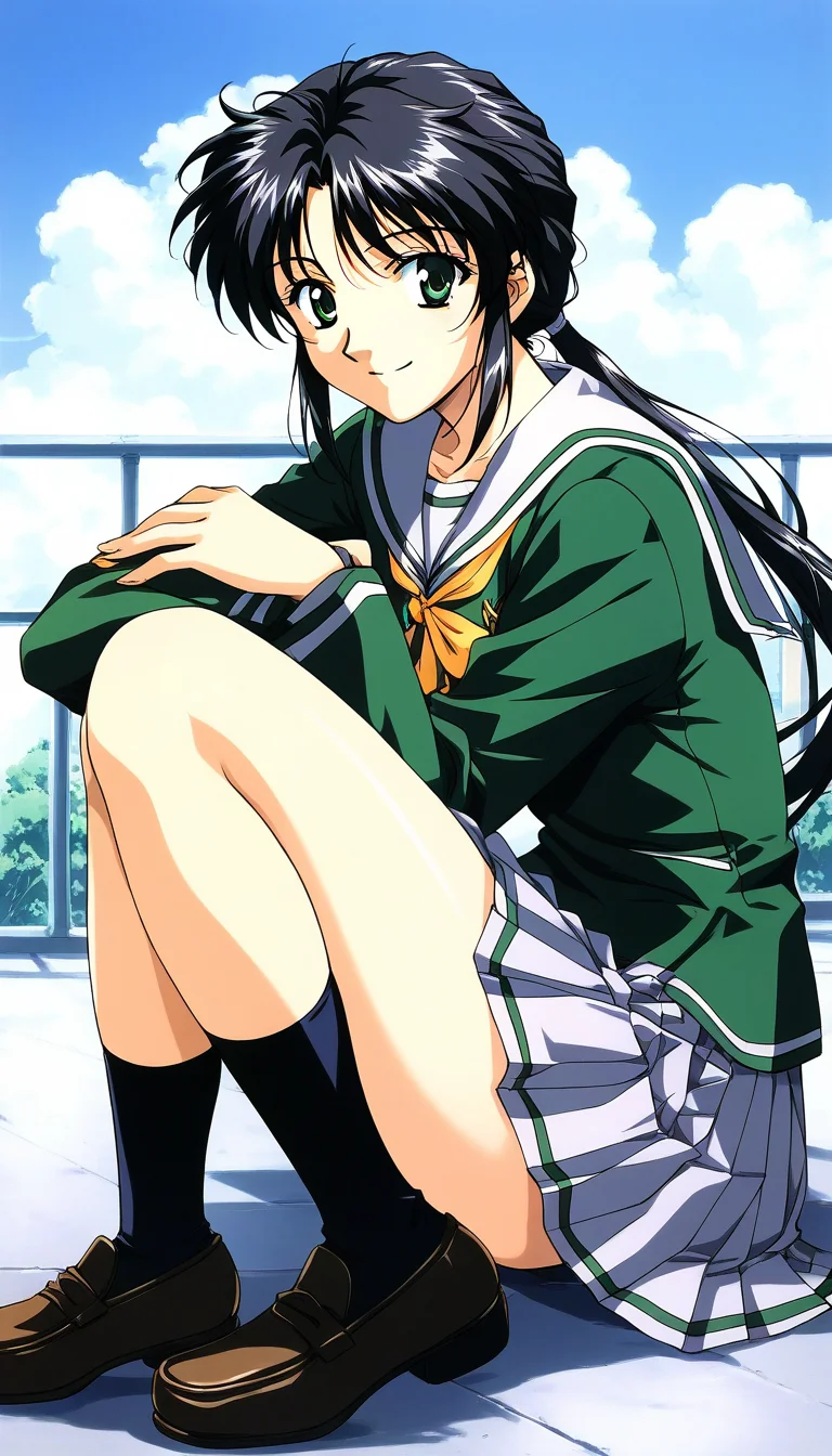 score_9, score_8_up, score_7_up, source_anime, rating_explicit, BREAK <lora:Tachibana_Yumi_XL:1> Tachibana_Yumi, black hair, long hair, green eyes, low ponytail, bangs, sidelocks, 1990s (style),
1girl, school uniform, solo, skirt, shoes, green shirt, socks, pleated skirt,
loafers, long sleeves, sitting, smile, serafuku, full body, legs
day, sky, outdoor,