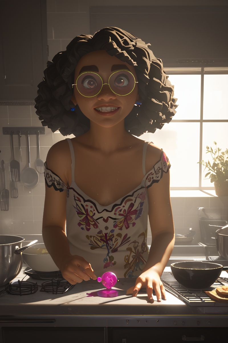 score_9, score_8_up, score_7_up, score_6_up <lora:Dramatic Lighting Slider:2>  <lora:Mirabel_Madrigal-_pony_101:0.8> m1rabel101 : -freckles , her expression wild and unhinged, in the kitchen nipple slip , cinematic lighting: a sharp beam of golden-white light cuts across her face from one side, casting deep, velvety shadows in shades of indigo and crimson that sculpt her features with haunting intensity. Her curly hair frames her face in a radiant, faintly luminescent cascade, each strand hyper-detailed and glowing with a subtle, otherworldly energy. Tiny beads of sweat glint like diamonds, and faint,  pulse softly across her cheeks. Her lips are parted in a manic, defiant grin, teetering on the edge of madness. The background is a soft, dark void with subtle, misty wisps of light, ensuring her face is the sole focus. Photorealistic, 8k resolution, extreme chiaroscuro, vibrant yet eerie color palette, every texture hyper-detailed and dripping with surreal intensit