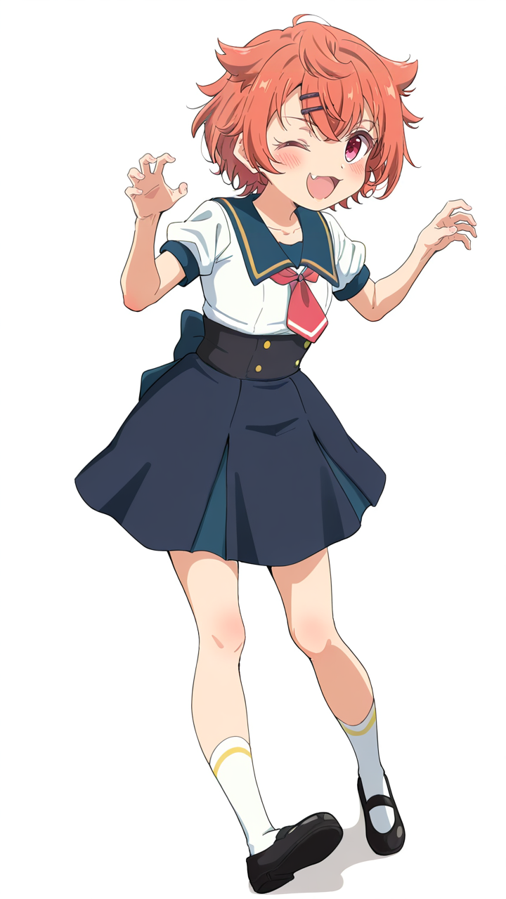 1girl,looking_at_viewer,smile,white_background,simple background,anime screenshot,sincos,<lora:Salsa_Illustrious_v4:1>,Salsa,full body,smile,open mouth,shoes,black footwear,socks,;d,sailor collar,fang,spread_fingers,, masterpiece, best quality