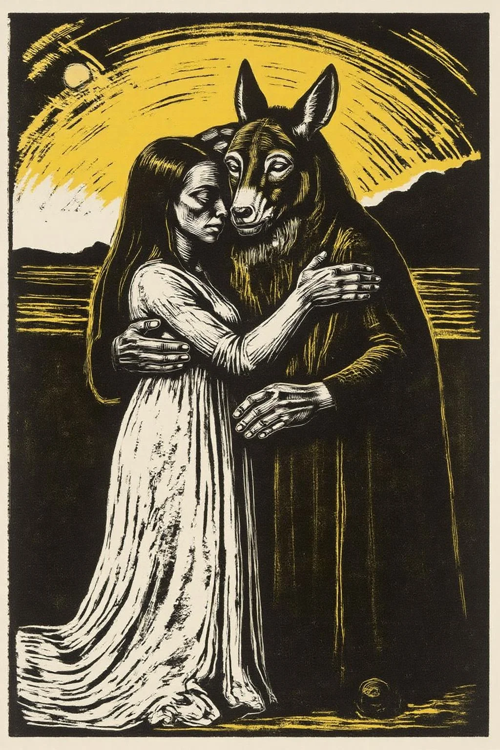 kako1 black and white woodcut print. TA surreal, dreamlike scene with a woman and an anthropomorphic donkey embracing. The woman, with long, straight, dark hair, is dressed in a flowing white gown, symbolizing purity and innocence. She has a serene expression, with her eyes closed. The anthropomorphic donkey, is dressed in a dark brown coat, his face blending into the deer's body. He has a gentle, almost protective expression. They are standing in a stylized, abstract landscape. The background features a vibrant, swirling pattern of yellows and oranges, suggesting a sunset or a dreamy sky. <lora:kako3_woodcut_cap_d6a3e11:1.0><lora:817690867826653224:0>