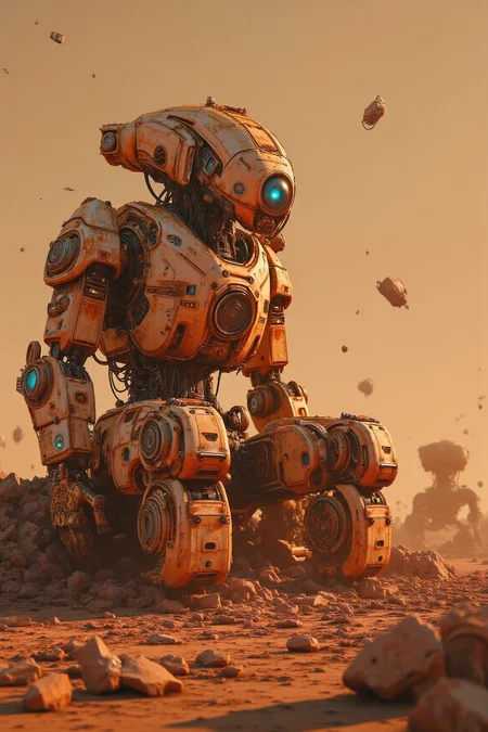 YFG-Sm0rg, YFG-Zaat, A rusted humanoid robot, its joints creaking with age, sits alone on a crumbling throne of scrap metal in a vast desert of abandoned technology. The sky is a burnt orange, filled with drifting ash and the silhouettes of long-dead satellites crashing from orbit. The robot gazes at a shattered hologram of a world that no longer exists.