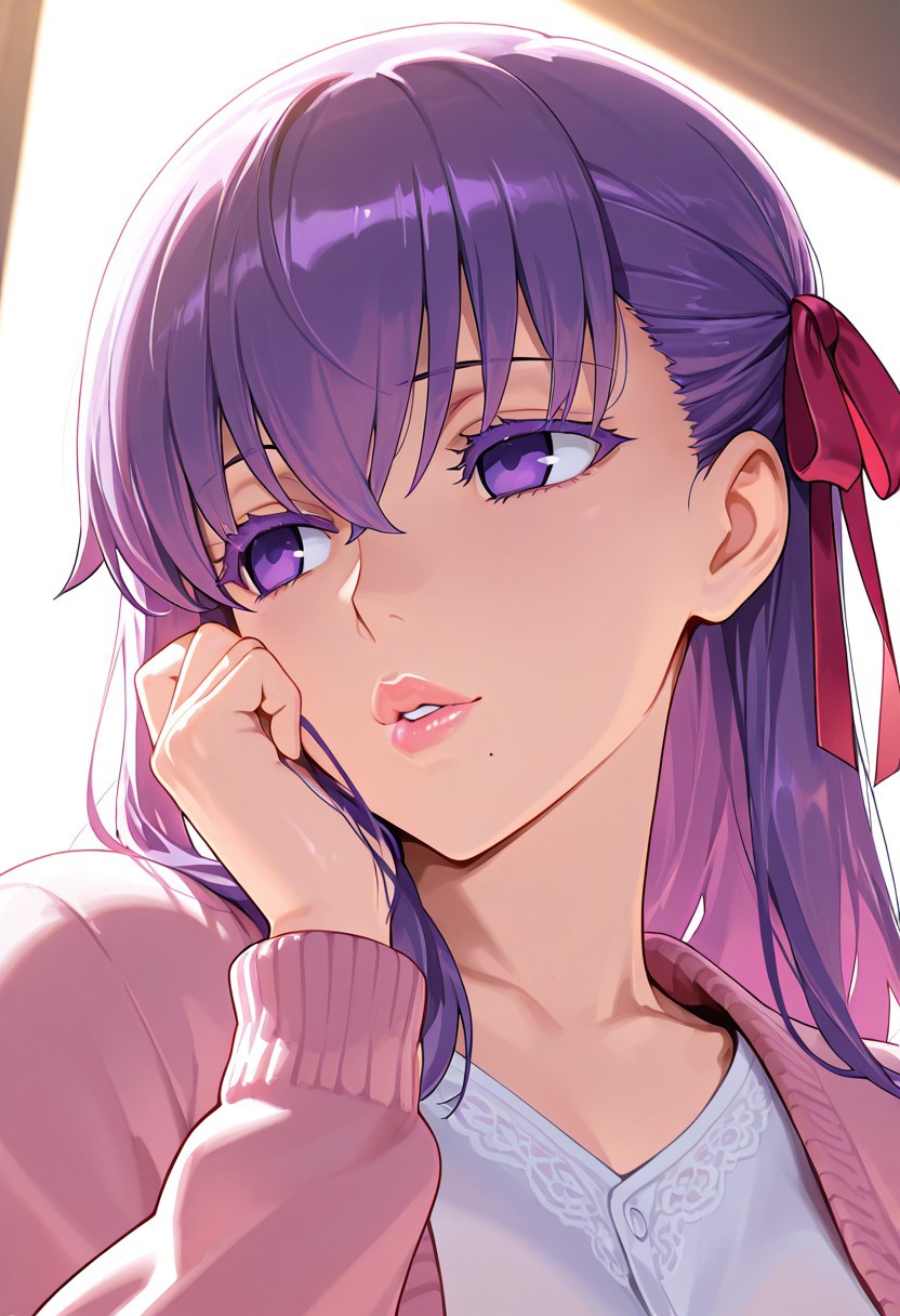 1girl, Matou Sakura \(fate\),, adult woman, masterpiece, pink cardigan, a white shirt, hand up, violet hair, long hair, red-pink ribbon on the left side of hair, luscious lips, lip gloss, portrait, colored eyelashes, backlighting, violet eyes, goddess, glossy skin, ,hires,best quality, very aesthetic,absurdres,score_9, score_8_up, score_7_up, score_6_up, score_5_up, score_4_up, (hyper extreme detailed), (hyper quality), game CG, (colour:1.2),(from side:0.7)