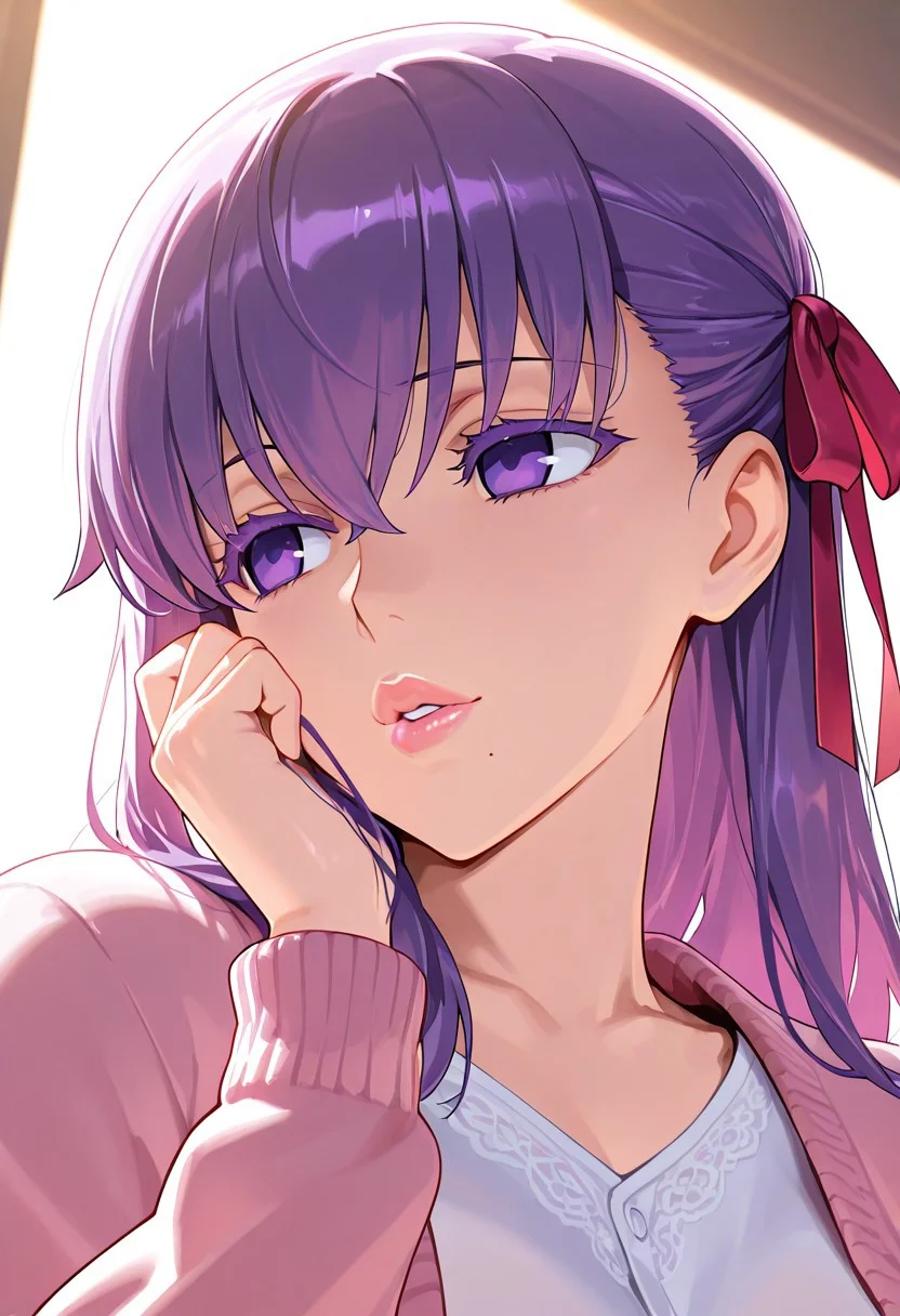 1girl, Matou Sakura \(fate\),, adult woman, masterpiece, pink cardigan, a white shirt, hand up, violet hair, long hair, red-pink ribbon on the left side of hair, luscious lips, lip gloss, portrait, colored eyelashes, backlighting, violet eyes, goddess, glossy skin, ,hires,best quality, very aesthetic,absurdres,score_9, score_8_up, score_7_up, score_6_up, score_5_up, score_4_up, (hyper extreme detailed), (hyper quality), game CG, (colour:1.2),(from side:0.7)
